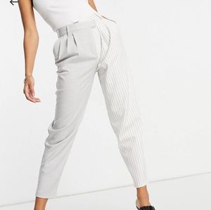 Bershka splice check and stripe stepped waistband pant in gray